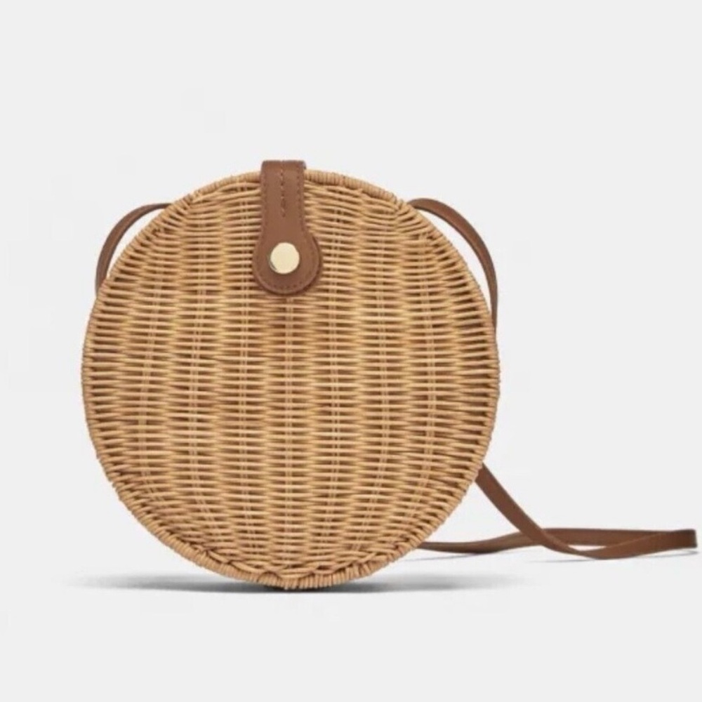Zara Round Woven Crossbody Bag in Natural Brown